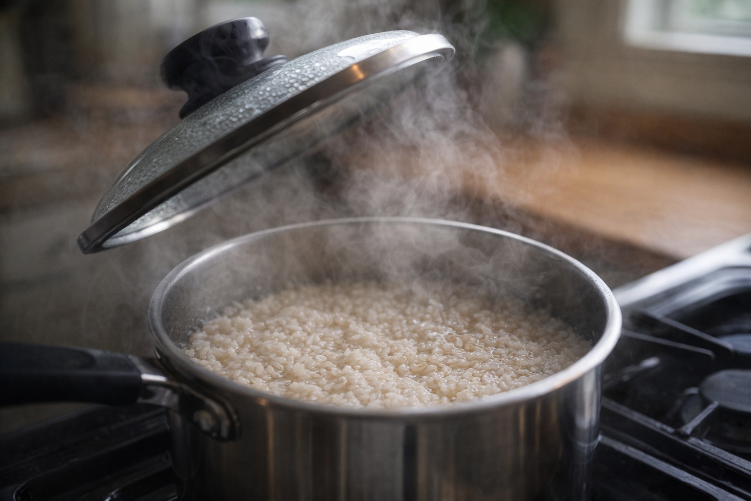 A medium shot of rice simmering in a saucepan on the stovetop, lid slightly ajar to show the steam, blurred background of a kitchen